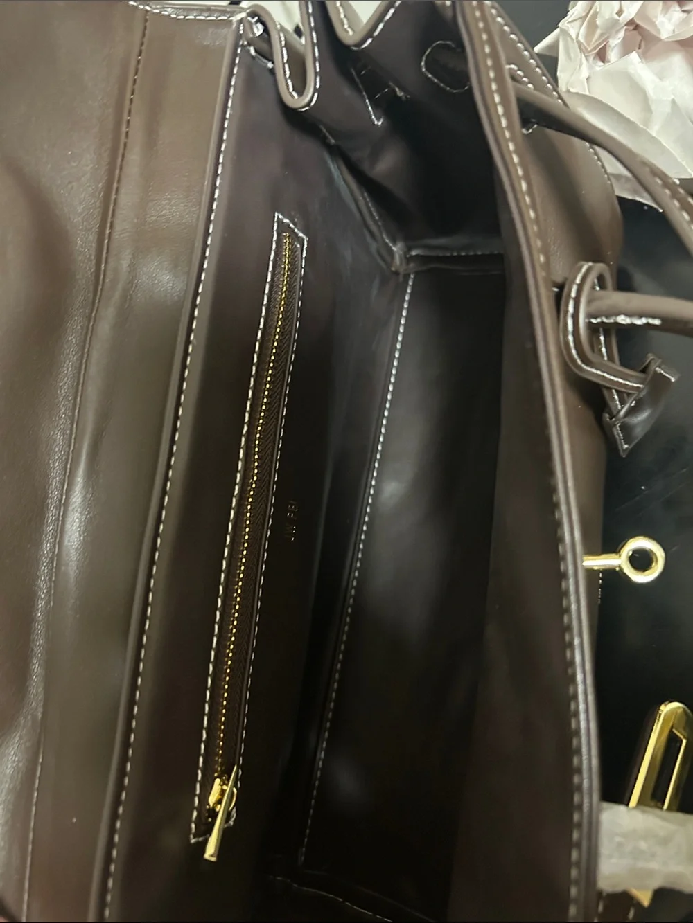 Brown Leather Top-Handle Tote with Gold Hardware